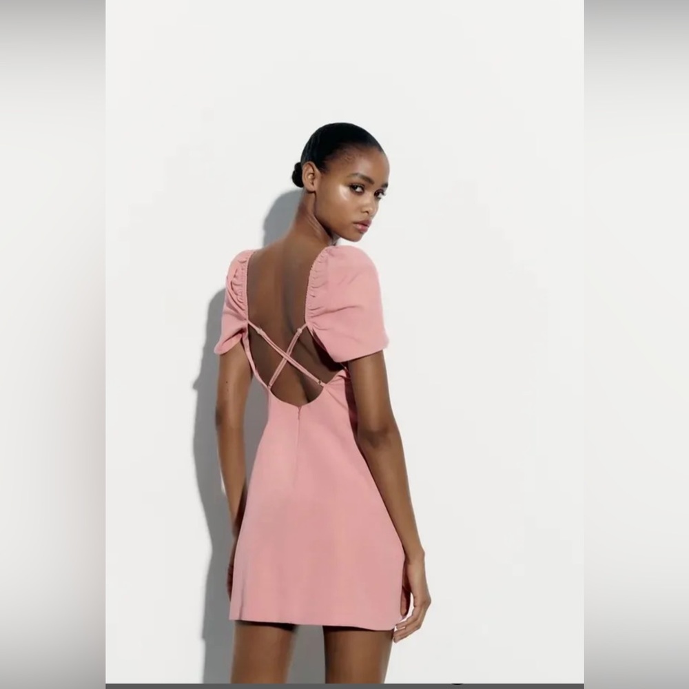 NWT ZARA Linen Blend pink mini Dress puff sleeve open back size S romantic